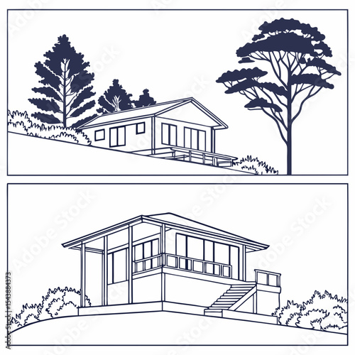 Minimal style cad tree line drawing, Side view, set of section garden, wetland forest outline for landscape design drawing. Vector illustration 