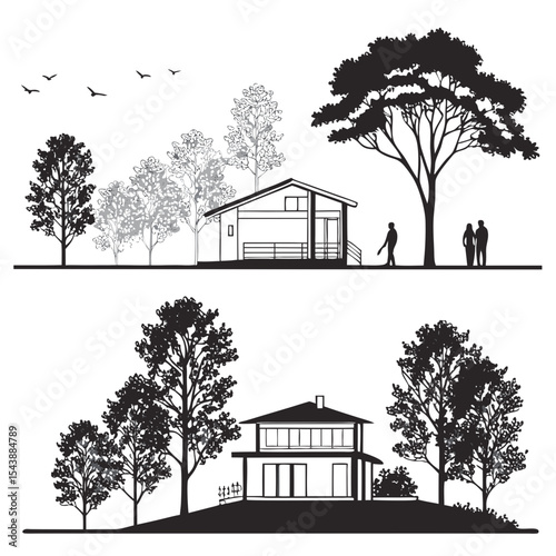 Minimal style cad tree line drawing, Side view, set of section garden, wetland forest outline for landscape design drawing. Vector illustration 