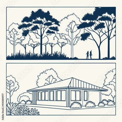 Minimal style cad tree line drawing, Side view, set of section garden, wetland forest outline for landscape design drawing. Vector illustration 