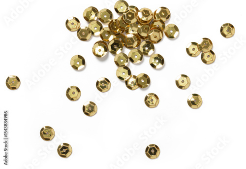 A collection of shiny gold sequins scattered across a surface, ideal for crafting and decorative purposes.
