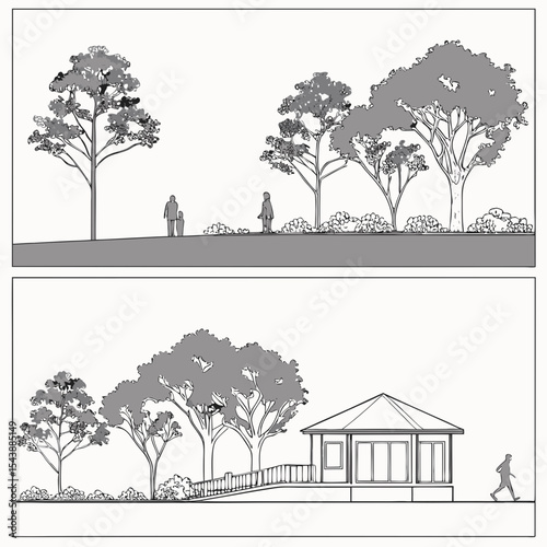 Minimal style cad tree line drawing, Side view, set of section garden, wetland forest outline for landscape design drawing. Vector illustration 