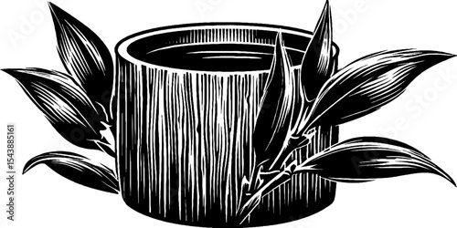 Bamboo cup with herbal infusion surrounded by leaves for wellness design