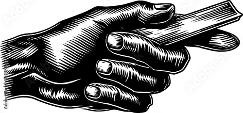 Vintage barber hand holding straight razor in black and white engraving style