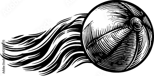 Black and white beach ball rolling in the wind - summer movement concept