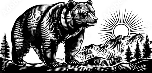 Majestic bear with celestial sun and moon symbols in nature landscape