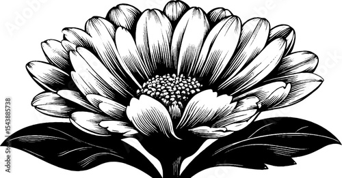 Black and white blooming chamomile flower head illustration for elegant designs