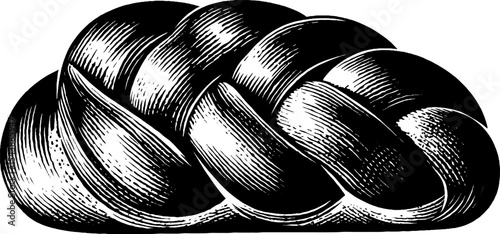 Black and white woodcut of braided challah loaf for print design