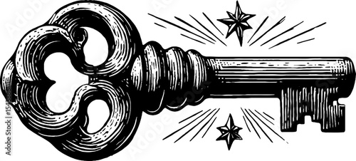 Mysterious broken key with roots and stars in black design for artistic inspiration and mystical themes