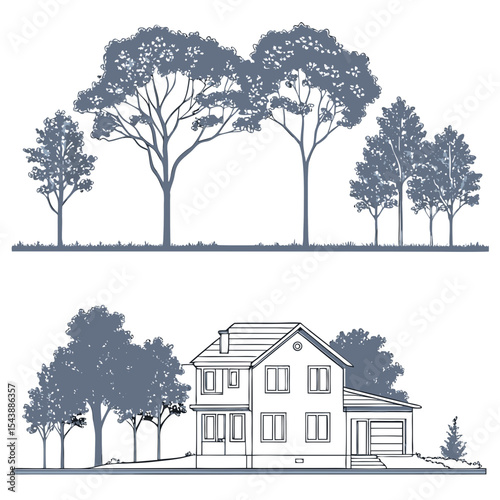 Minimal style cad tree line drawing, Side view, set of section garden, wetland forest outline for landscape design drawing. Vector illustration 