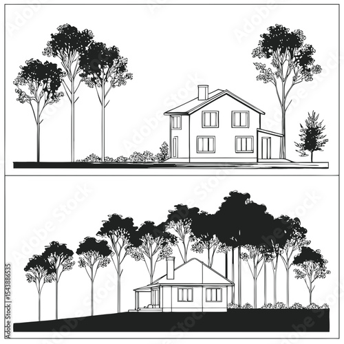 Minimal style cad tree line drawing, Side view, set of section garden, wetland forest outline for landscape design drawing. Vector illustration 