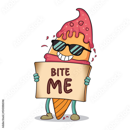 Ice cream cartoon groovy character, Retro ice cream character, Groovy mascot, Groovy style vector illustration, Vector art, Cartoon character mascot illustration, Character in groovy vintage style
