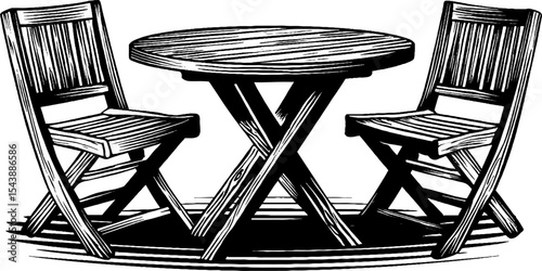 Outdoor cafe scene with wooden table and chairs in black and white design