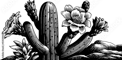 Black and white cactus with blooming flowers in artistic design
