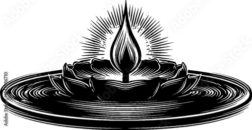 Candle melting into pool with inverted flame and radiant light for decorative design