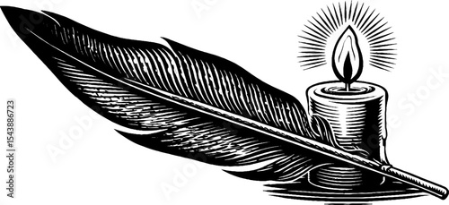 Vintage candle with feather quill and dripping wax for writing inspiration