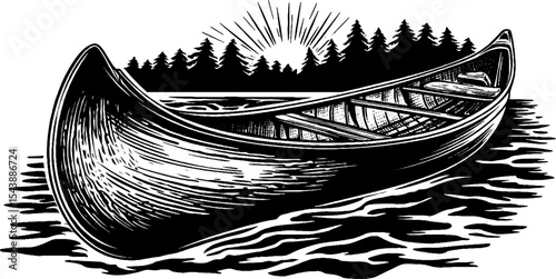 Tranquil canoe journey at sunrise in black and white design for posters and cards