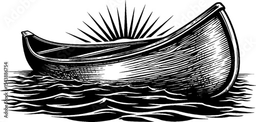 Tranquil canoe journey over calm water with sunburst design