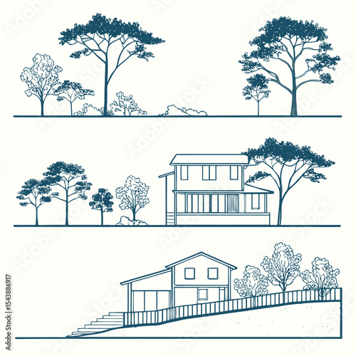Minimal style cad tree line drawing, Side view, set of section garden, wetland forest outline for landscape design drawing. Vector illustration 