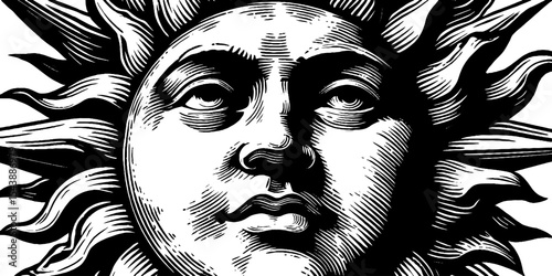 Celestial sun with a human face in black and white design for artistic inspiration