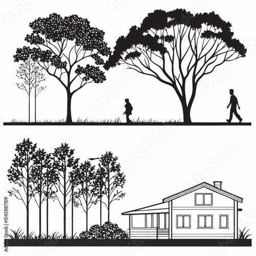 Minimal style cad tree line drawing, Side view, set of section garden, wetland forest outline for landscape design drawing. Vector illustration 