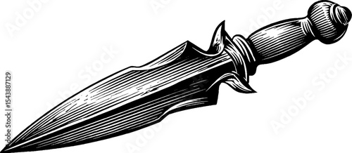 Intricate ceremonial flint dagger in black and white woodcut design for historical artistic display