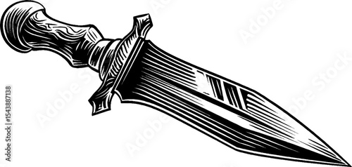 Intricate black and white woodcut design of ceremonial flint dagger for artistic and historical themes