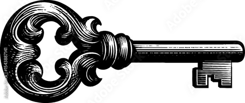 Vintage ornate ceremonial key with gemstone and symbolic designs in black for heritage decoration