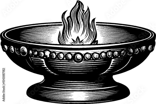 Chalice with gems and rising flame in black and white engraving design