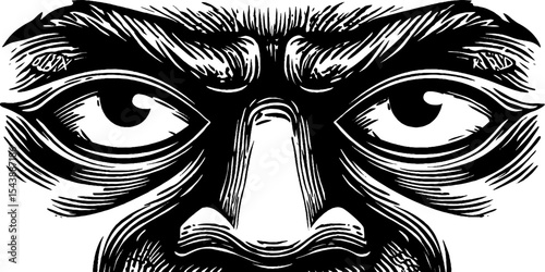 Intricate black and white ceremonial mask with hollow eyes for cultural design