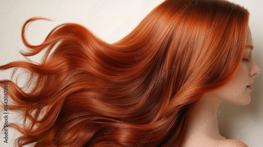 Fototapeta premium A young Caucasian woman with long, flowing red hair. The hair cascades elegantly, showcasing its vibrant color and smooth texture.