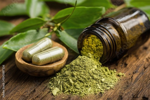 A bottle of pills and a spoonful of powder are on a wooden table