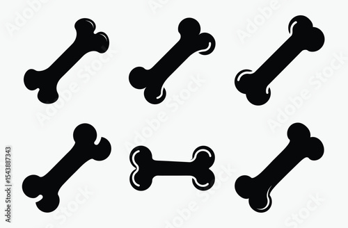 Dog bone silhouette set, pet treat icon, black and white vector, bone shape illustration
