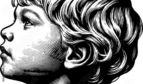 Child's profile with soft features in black and white - artistic illustration for decor and design