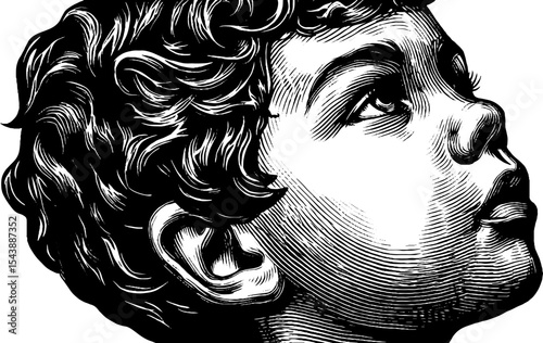 Child's profile with soft features in black and white sketch
