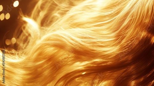 Close-up of flowing golden hair with soft waves. The background features a warm, blurred glow, creating a dreamy atmosphere.