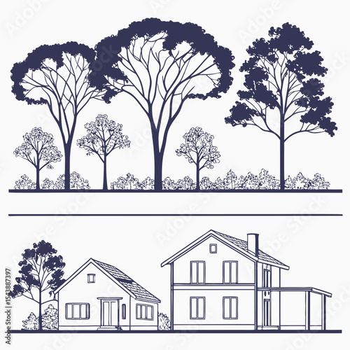 Minimal style cad tree line drawing, Side view, set of section garden, wetland forest outline for landscape design drawing. Vector illustration 