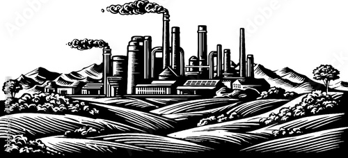 Industrial cityscape with smokestacks and rooftops against mountainous scenery