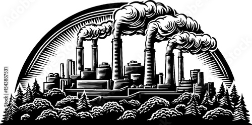 Industrial cityscape with rooftops and smokestacks, urban skyline illustration