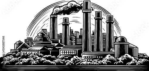 Urban city skyline with industrial chimneys and rooftops - graphic black and white design