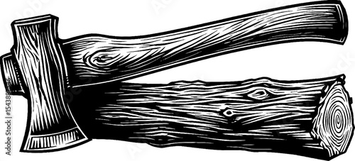 Rustic woodworking scene with axe and log in black and white design