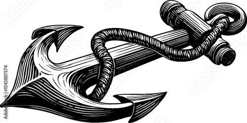 Classic nautical anchor with rope in black and white woodcut design for maritime themed projects