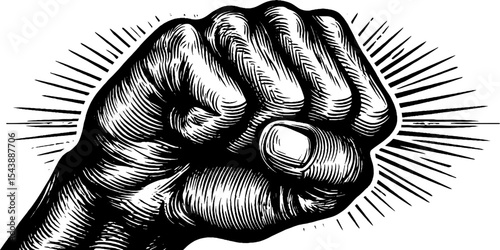 Powerful unity and strength symbolized by clenched fist with radiating lines - black and white illustration
