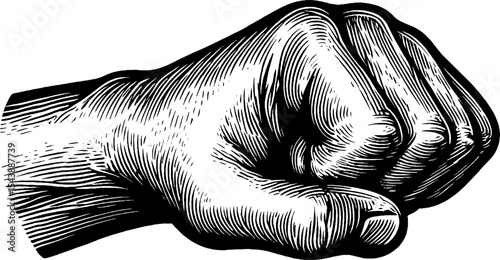 Expressive clenched fist in black and white woodcut art for graphic design and posters