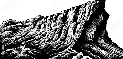 Dramatic cliff face with vertical rock striations in black and white ink art