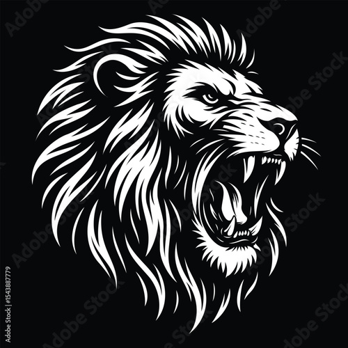 Roaring Lion Head Vector Illustration with Flowing Mane in Black and White