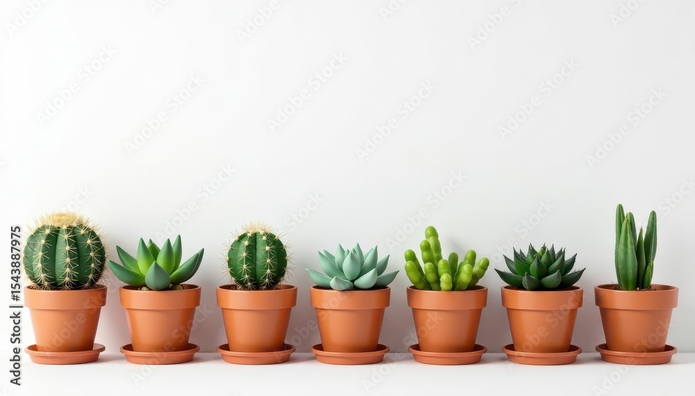 Fototapeta premium Assorted small cacti and succulents in individual pots on white, brown, background, studio