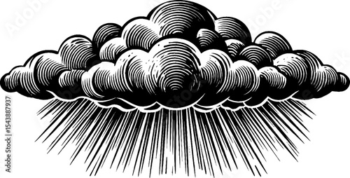 Dramatic cloudburst illustration of heavy rain in black and white for weather designs