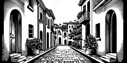 Charming cobblestone alleyway in historic black and white architectural scene