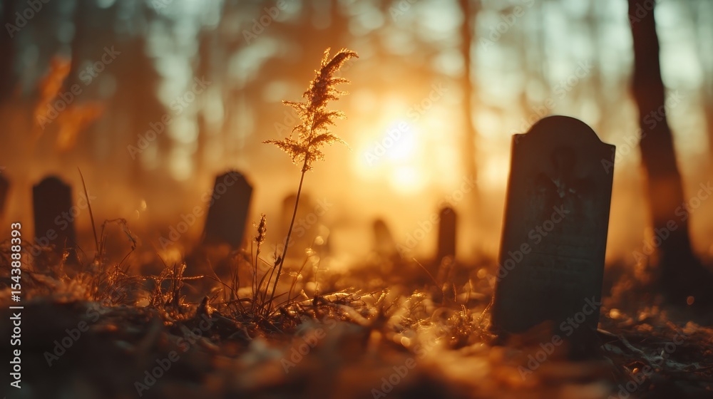 Obraz premium A serene view of a graveyard bathed in golden sunset light, contrasting the peaceful aura with tall grass, evoking emotions of reflection and serenity.