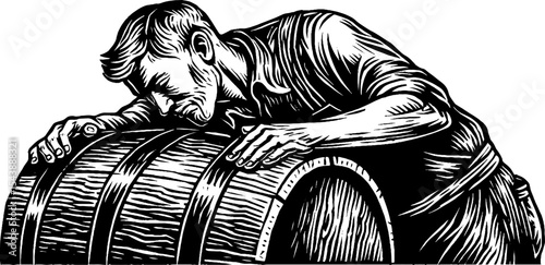 Artisan cooper crafting barrel by hand in vintage black and white style